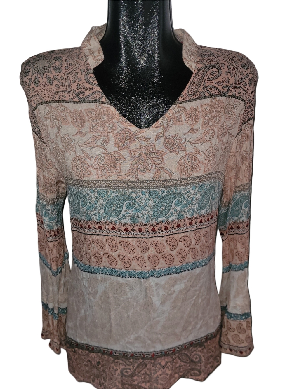 Charlie Paige Pink & Blue Boho Floral Stripe V-Neck Bell Sleeve Tunic Top L/XL